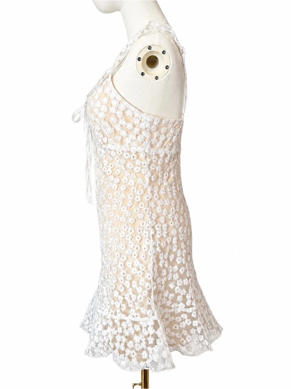 Lulu's White Daisy Lace Mini Dress Floral Embroidered Sheer Overlay Ruffe Straps - Picture 3 of 9